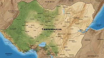 Et kart over Tanzania, som viser landets geografiske trekk, nasjonalparker og kulturelle attraksjoner.