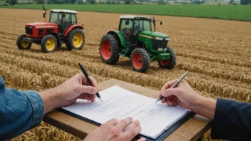 En person som signerer en kontrakt med en bonde i bakgrunnen, med en åker og en traktor