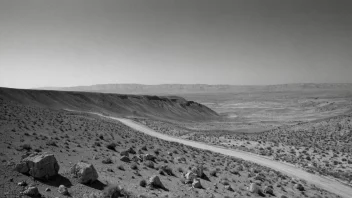 Et svart-hvitt fotografi av et landskap med en fremtredende mangel på farge, som illustrerer begrepet fargeløshet.