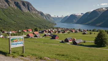 Et idyllisk norsk landskap med en gård eller landsby i bakgrunnen, med et skilt eller kart som viser navnet Hauglands