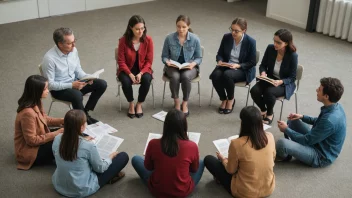 En gruppe mennesker som deltar i et litteraturseminar, omgitt av bøker og papirer.