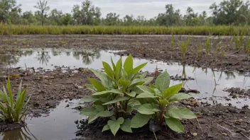 En gråaktig plante som vokser i et myrområde, med en person i bakgrunnen som ser trist ut.