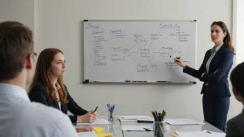 En leder som står foran en whiteboard med et team av mennesker i bakgrunnen.