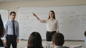 En leder som står foran en whiteboard med et team av mennesker i bakgrunnen.