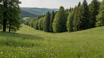 Et fredelig og idyllisk landskap med en frodig grønn grasslette, perfekt for rekreasjon eller beite for dyr.