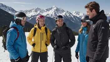 En gruppe mennesker i skitøy, smiler og chatter mens de står foran et snødekt fjell