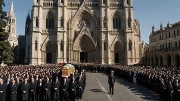 En begravelsesprosesjon med en kiste, omgitt av dignitærer og offisielle, foran en stor katedral eller kirke.