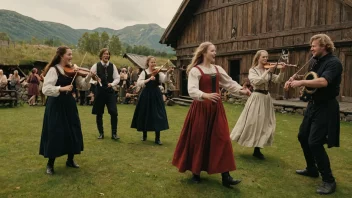 En levende scene av tradisjonell norsk folkemusikk og dans.