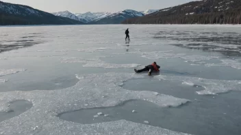 En person legger is på en frossen innsjø, med en spade i hånden og et kaldt vinterlandskap i bakgrunnen.