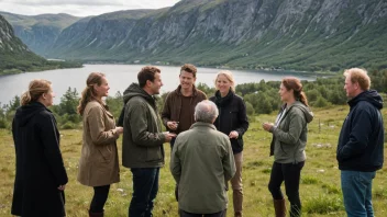 En gruppe mennesker i en livlig diskusjon, mot en naturskjønn bakgrunn av Toten-regionen i Norge, som viser den unike Totendialekten.