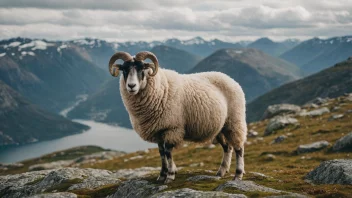 En norsk sau med en bjelle rundt halsen, stående på et fjell.