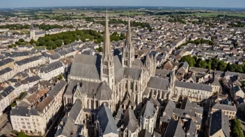 Flyfoto av Chartres, Frankrike, med Chartreskatedralen.