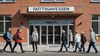 Et bilde av en offentlig bygning med en skilt som leser 'Fattigvesen' på norsk, som representerer det offentlige systemet som gir støtte til mennesker i fattigdom.