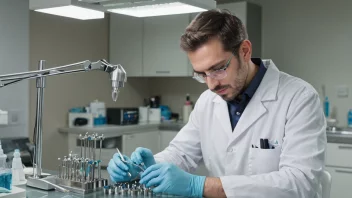 En tanntekniker i laboratoriefrakk arbeider på en tannprotese.