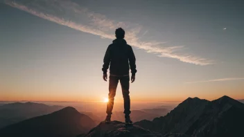 En person som står på et fjelltopp med en soloppgang i bakgrunnen, symboliserer personlig vekst og utvikling.