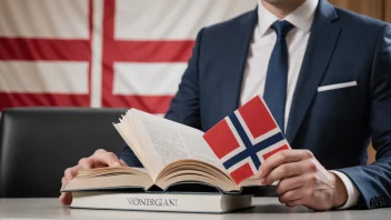 En næringsdrivende som leser en bok med et norsk flagg i bakgrunnen, som symboliserer sammenhengen mellom næringsliv og lov i Norge.