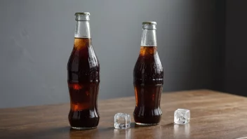 En glassflaske med cola på et bord med et glass og isbiter