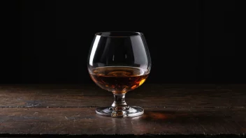 Et glass brandy på et trebord med en mørk bakgrunn.