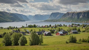 Et pittoreskt norsk landskap med en liten landsby eller by i bakgrunnen.