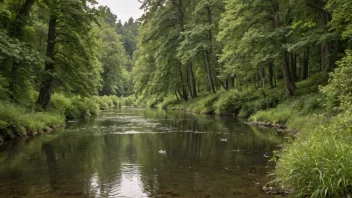 Et fredelig landskap av en elv med et lakseberg, hvor laks samles under bevegelse mellom elv og hav.