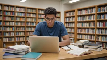 En person som studerer med bøker og en laptop, med en bakgrunn av en skole eller universitet.