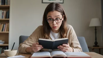 En person som leser en bok med et forundret uttrykk, med et forstørrelsesglass og en notatbok i nærheten.