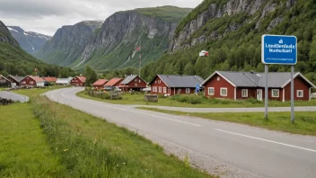 Et bilde av norsk landskap med noen butikker og en skilt med Landhandelforbundets logo