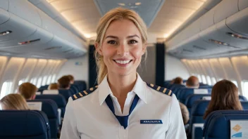 En kvinnelig flyvertinne i Scandinavian Airlines-uniform, stående i midtgangen på et fly.