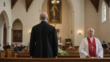 En norsk kirke med en prest og menighet som sier farvel.