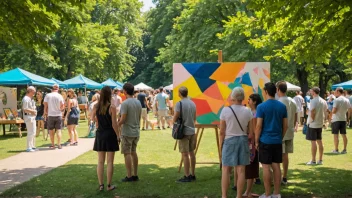 En fargerik sommerutstilling i en park, med ulike kunstverk og mennesker som slentrer rundt og nyter det varme været