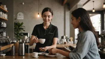 En person i en kaféuniform heller kaffe i en kopp for en ventende kunde.