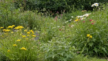 En hage med ulike typer ukrudt, inkludert Ruds, som vokser blant blomstene og gresset.