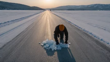 En person i en vinterjakke og hatt kneler på en vei og legger is på overflaten. Veien er omgitt av snødekte trær og himmelen er grå og skyet.