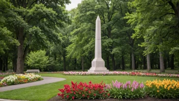 Et fredelig minnested med et monument eller statue, omgitt av natur.