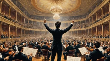 En illustrasjon av Johann Strauss som dirigerer et symfoniorkester.