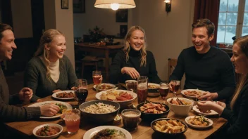 En tradisjonell norsk samling med venner og familie, hvor de nyter godt av mat og selskap.