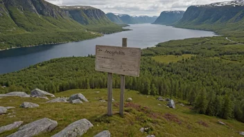 Et malerisk landskap i Norge med et skilt eller en kart som viser beliggenheten til Drangsholts