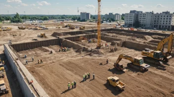 Et bilde av et felt med en byggeplass, med ingeniører og arbeidere som utvikler og utvider feltet.