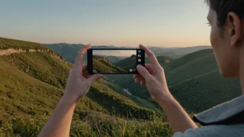 En person tar et øyeblikksbilde av et vakkert landskap med en smarttelefon.