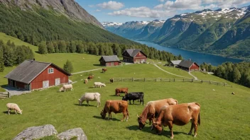 Et norsk fjellgård med en seter og dyr som beiter i området rundt.