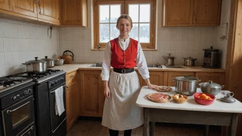 En kvinnelig hushjelp i en tradisjonell norsk uniform, stående i et kjøkken.