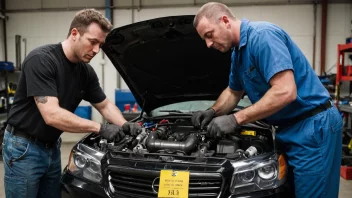 En bilmekaniker i en garasje, arbeider på en bil motor, med ulike verktøy og deler spredt rundt