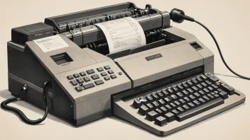 En teleprinter med tastatur og skriver, koblet til telefonlinjer.