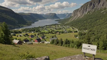 Et pittoreskt norsk landskap med en liten landsby eller by i bakgrunnen, med et skilt eller et kart som viser navnet 'Haugstad' eller 'Haugstads'.