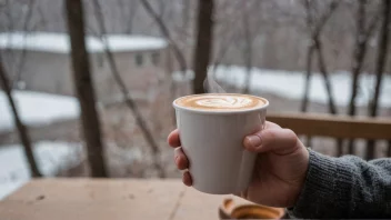 En person som kjemper for å holde en kopp kaffe på grunn av sine skjelvende hender, mot en kald vinterbakgrunn.