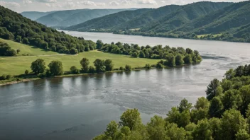 Et idyllisk landskap med en innsjø eller elv i bakgrunnen, omgitt av frodig vegetasjon og diskrete åser, med et svakt rutenett overlagt for å representere begrepet bredde eller bredde.