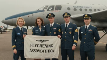 En gruppe piloter samlet foran et fly, som representerer en flygerforening.