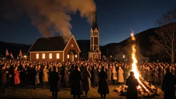 En festlig scene av en tradisjonell norsk feiring på kvelden før Olsok, med mennesker samlet rundt et bål, synger og danser, med en kirke i bakgrunnen.