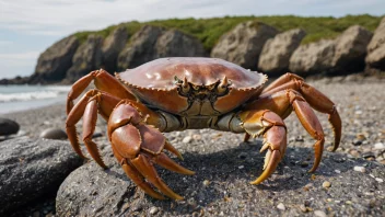 En stor krabbe med et brunt skall og skarpe klør, som står på en steinete strand.