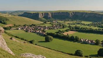 Et malerisk landskap med en særegen geologisk formasjon, muligens med en liten bosetning i bakgrunnen.